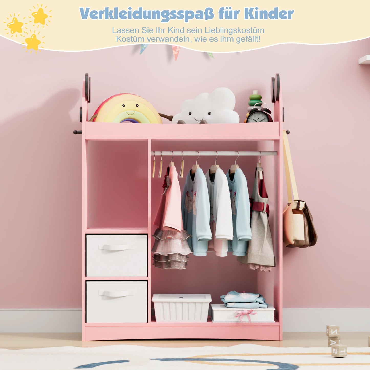 Children's Clothes Rack with Mirror, Clothes Rail with Shelves, Children's Wardrobe Wood, Children's Shelf for Children's Room, 81 x 28 x 106.5 cm (Clouds with 2 Drawers, White)