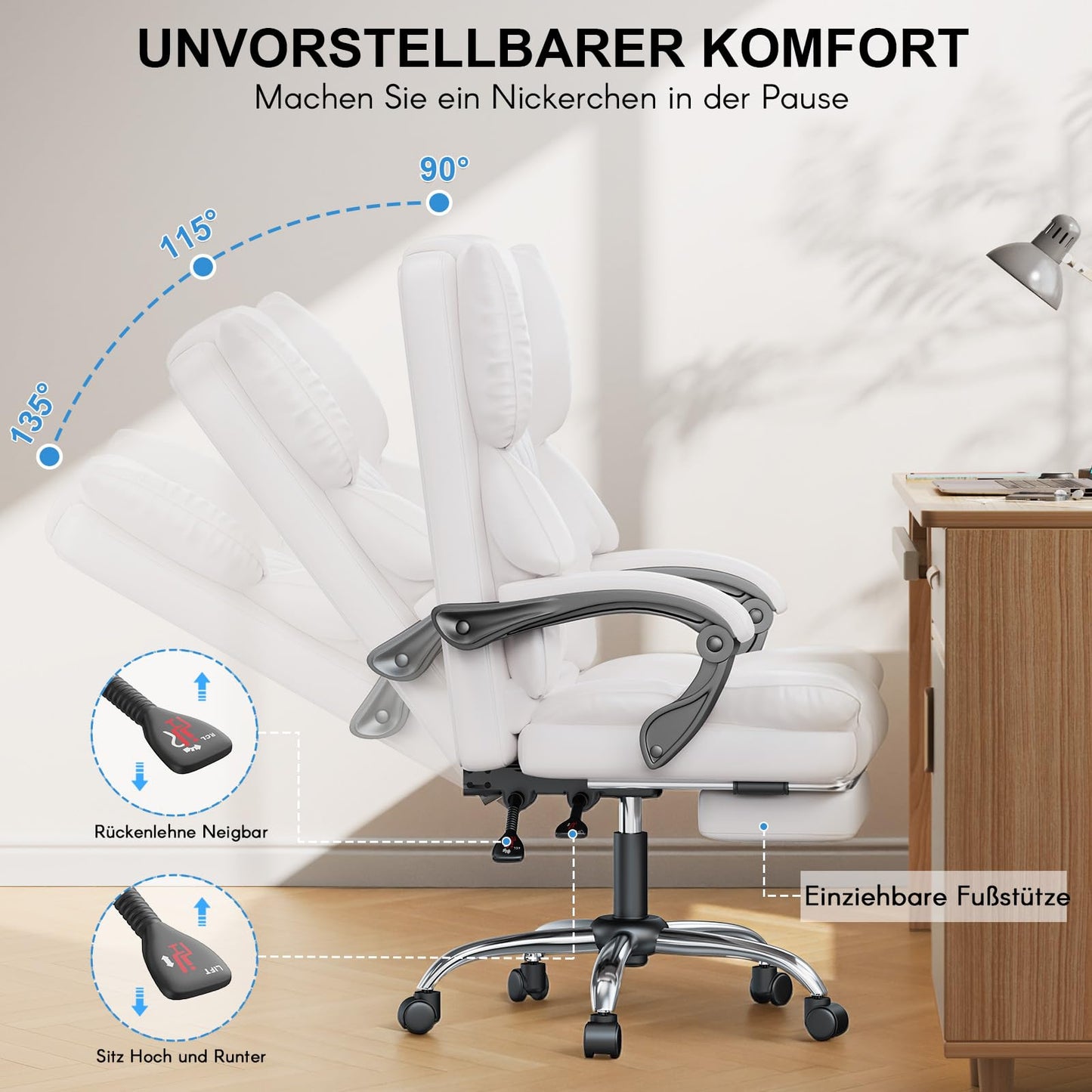 naspaluro Executive Office Chair with Footrest, Ergonomic Desk Chair, PU Leather Computer Chair with Padded Armrests and Soft Headrest Tilt Function, Height Adjustable Swivel Chair, Black