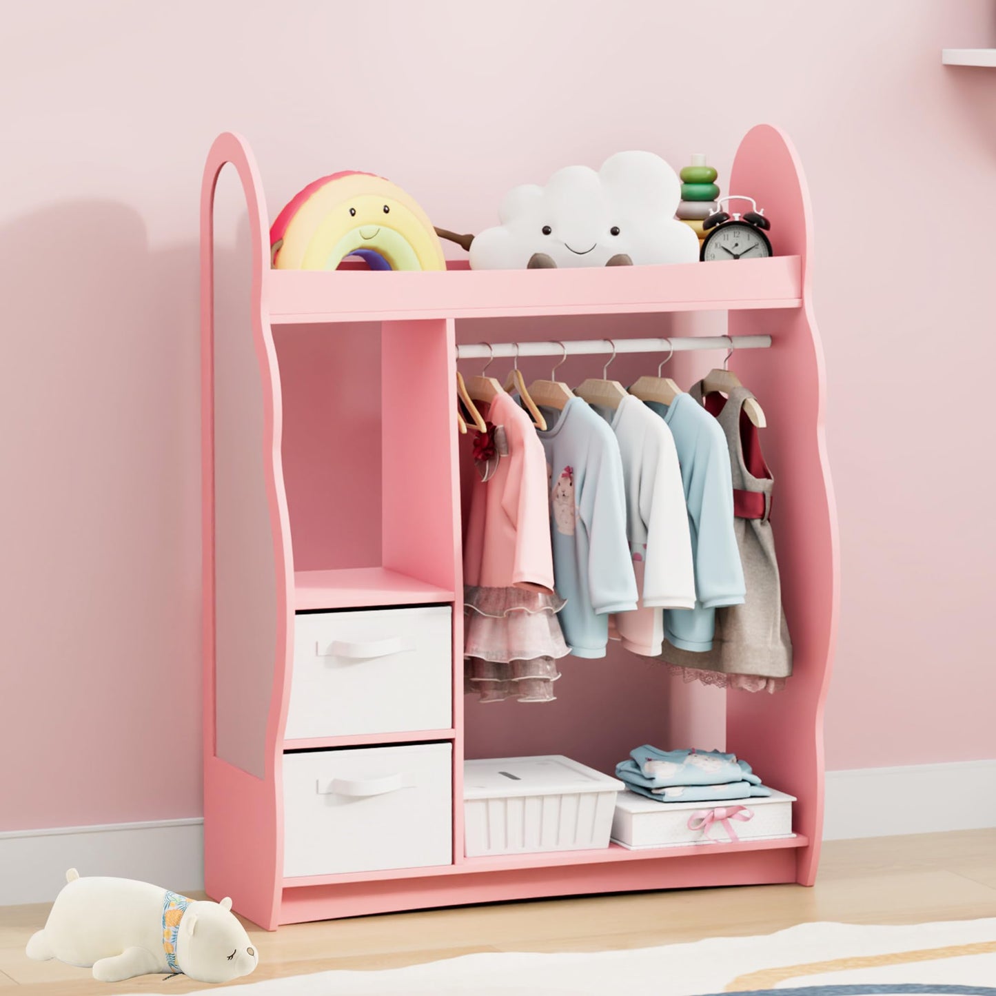 Children's Clothes Rack with Mirror, Clothes Rail with Shelves, Children's Wardrobe Wood, Children's Shelf for Children's Room, 81 x 28 x 106.5 cm (Clouds with 2 Drawers, White)