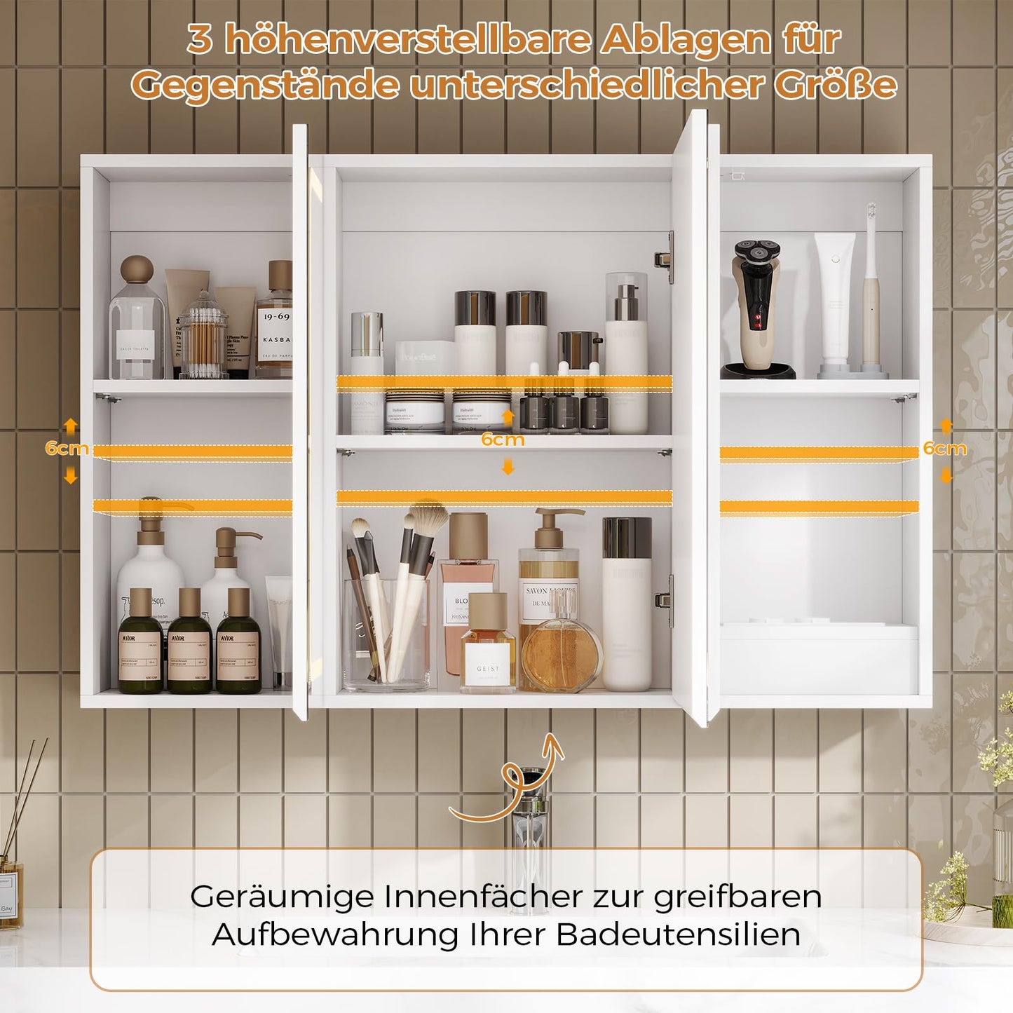 mojiasion Bathroom Mirror Cabinet 100 cm Wide with LED Lighting, Socket & 3 Colour Temperatures Dimmable Bathroom Cabinet with Touch Sensor 60 x 100 x 16 cm (H x W x D) Mirror + 3 Adjustable Shelves