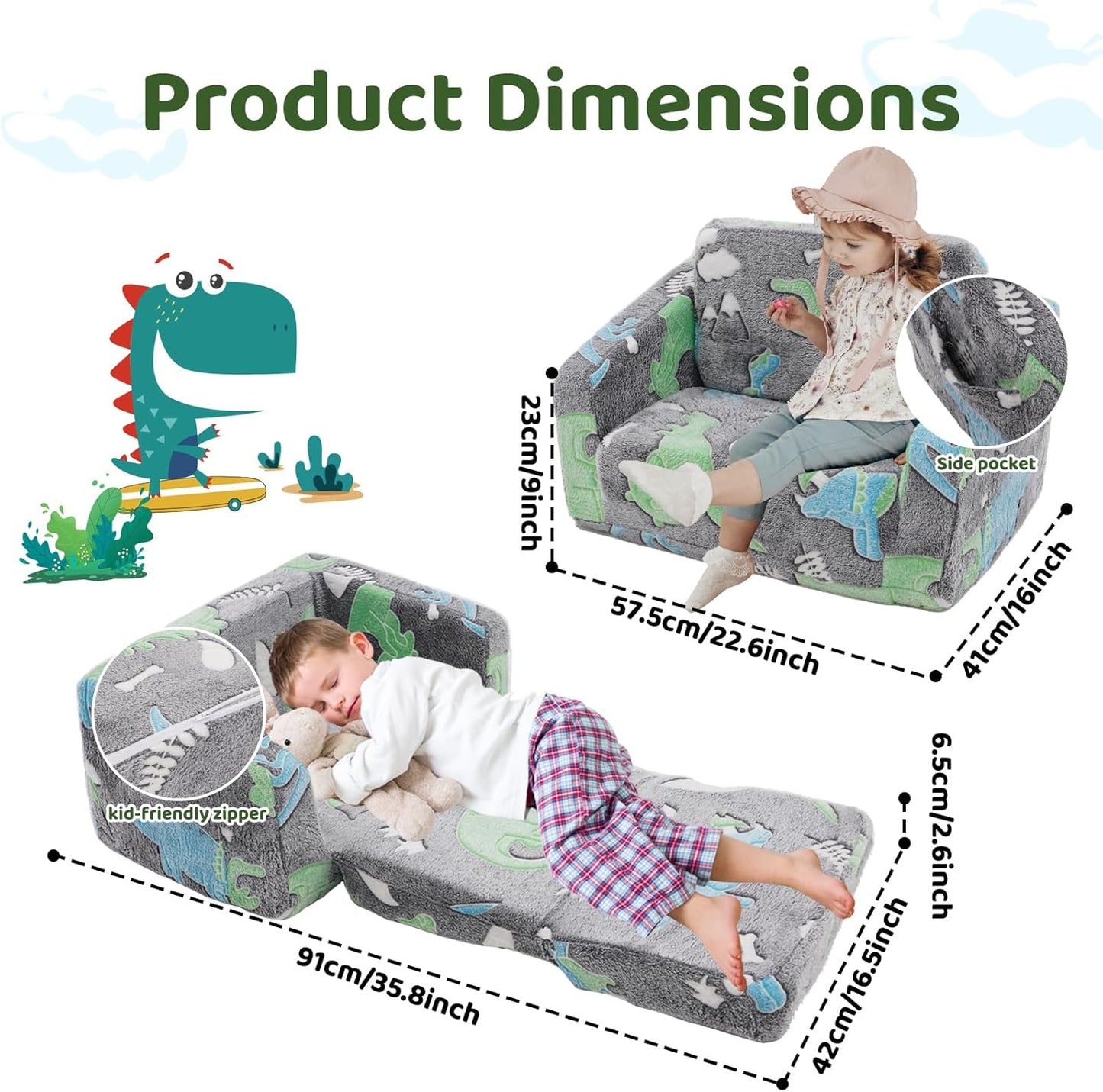 Children's Sofa, 2-in-1 Children's Sofa Fold-Out Sofa Bed, Removable and Washable, Mini Play Sofa for Boys and Girls Children's Room, Dinosaur Pattern