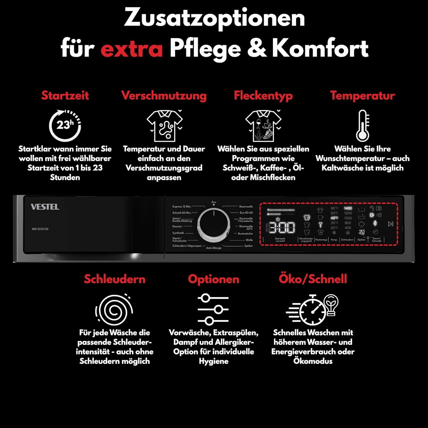 VESTEL WMI 89341 DX Washing Machine Front Loader, 8 kg, 1400 rpm, Inverter Motor, Steam, AquaStop + Switch, Dark Stainless Steel