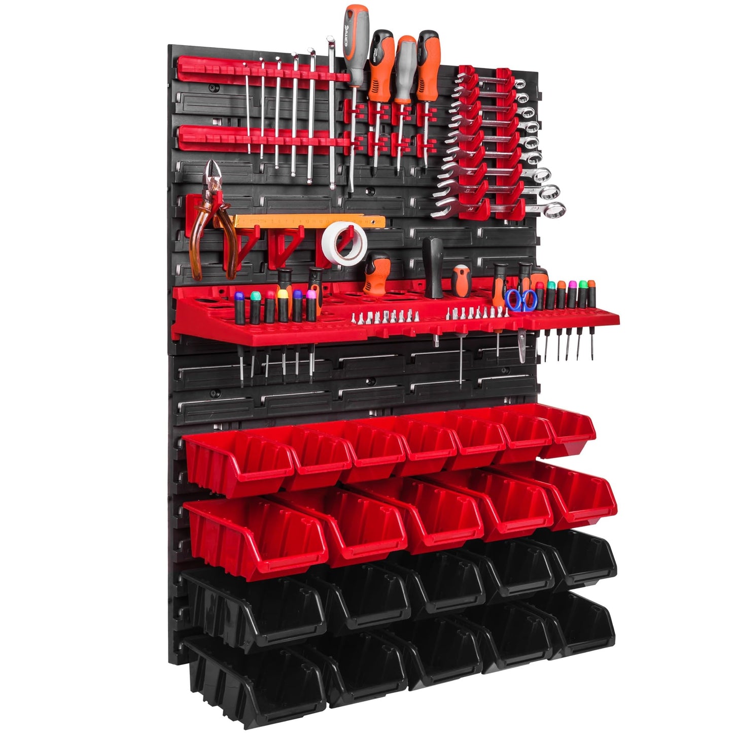 Storage System Wall Shelf 576 x 780 mm, Tool Holders, 28 pcs. Stacking Boxes Storage Boxes Extra Strong Wall Shelves Expandable Workshop Shelving Workshop Shelf