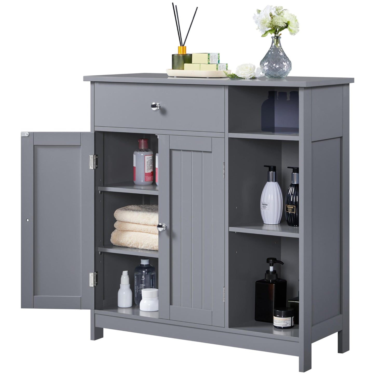 Yaheetech Unterschrank Badezimmerschrank Badkommode Badschrank mit 1 Schublade & 2 Türen & 3 Regalen Baderegal Bodenschrank mit verstellbare Einlegeböden, viel Stauraum, Dunkelgrau