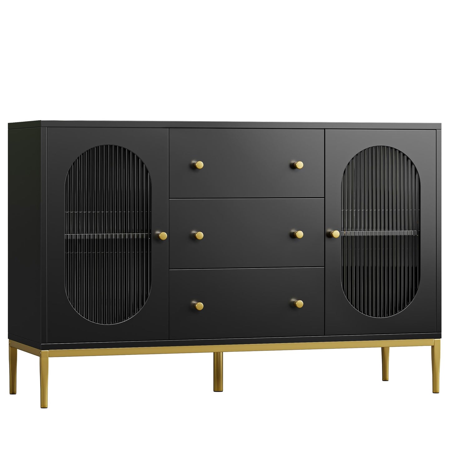 FirFurd Sideboard 120 cm Wide Kitchen Cabinet with Worktop Buffet Cabinet with 2 Glass Doors 3 Drawers Kitchen Buffet with Adjustable Shelf for Kitchen Dining Room Living Room 120 x 38 x 80 cm Black