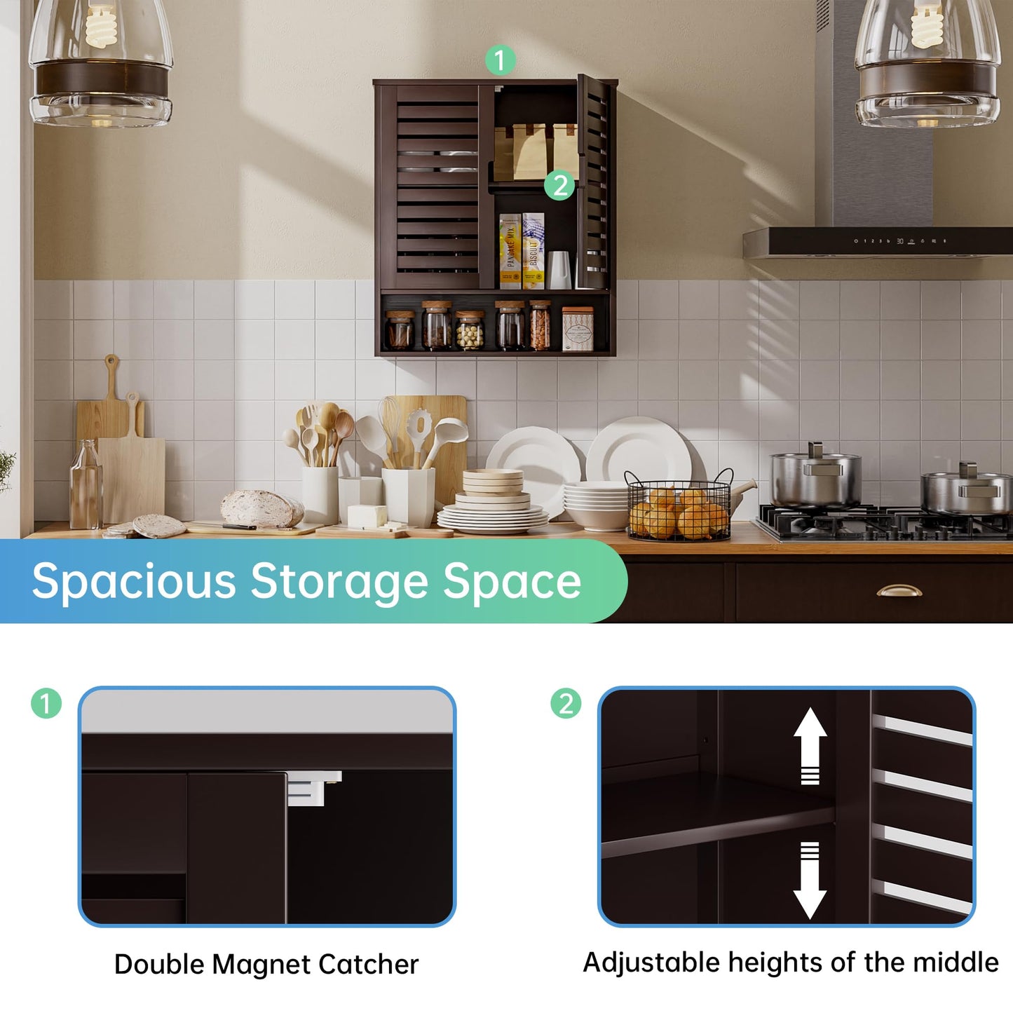 SMIBUY Bathroom Cabinet, Wall Mounted, Bamboo Over the Toilet Storage Organiser, Space Saving Medicine Cabinet with 2 Doors and Adjustable Shelves (Black)