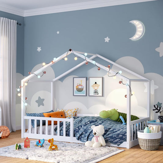 Bellabino Bia Children’s Bed, 90 x 200 cm, Children’s House Bed incl. Fall Protection and Rolled Slatted Frame, Montessori Floor Bed, White, Solid Pine Wood