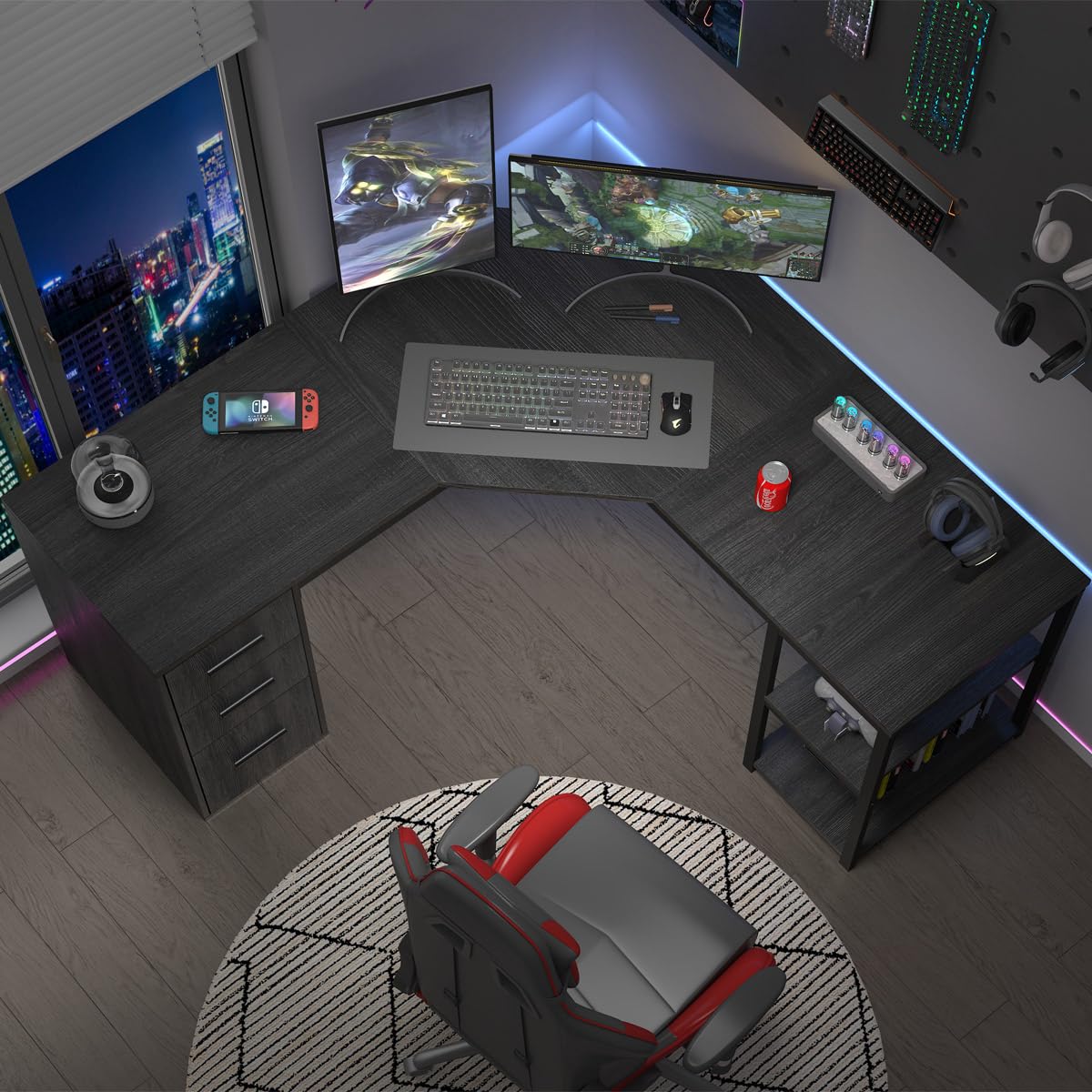 LVB White L Shaped Corner Desk with Drawers, Reversible Modern L Shaped Computer Desk with Storage Cabinets, Large L Shaped Wooden L Shaped Desk Metal L Shape