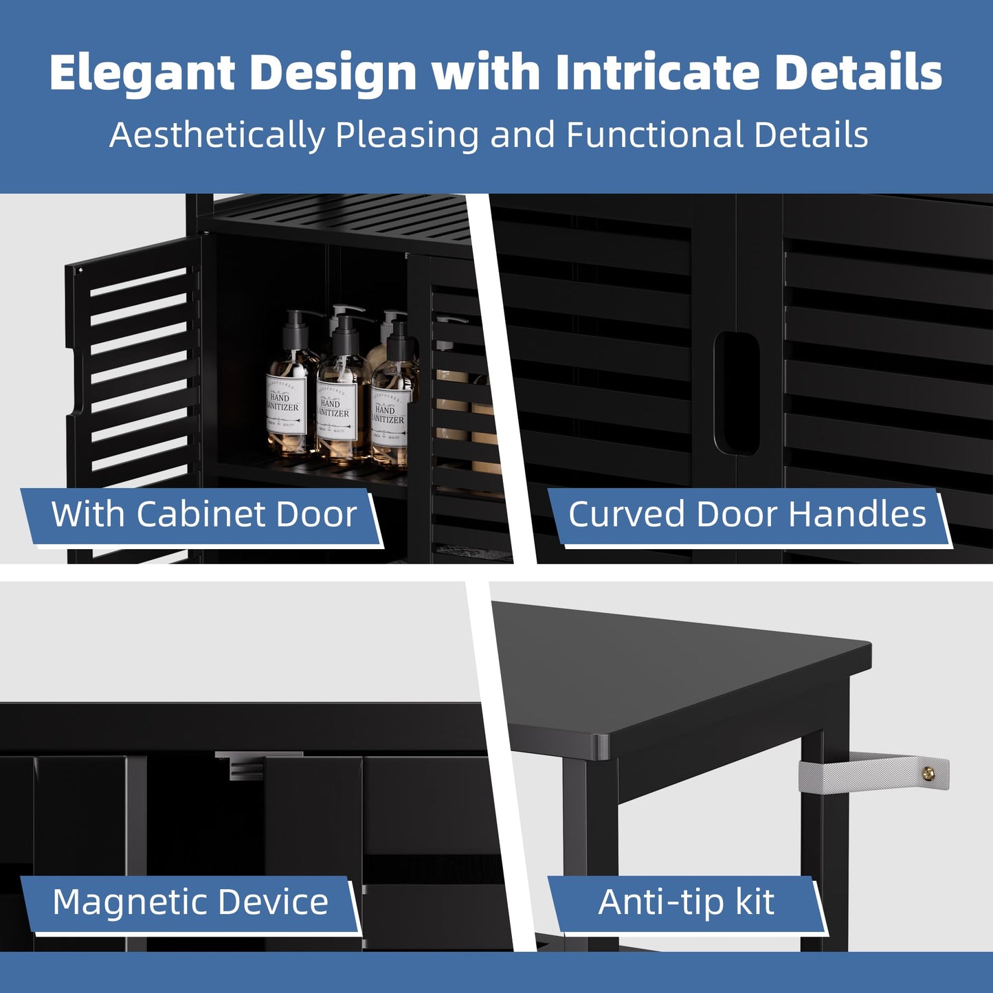 HITNET Bathroom Cabinet Bamboo Black Bathroom Cabinet with 2 Doors Freestanding Cabinet for Bathroom, Living Room and Bedroom