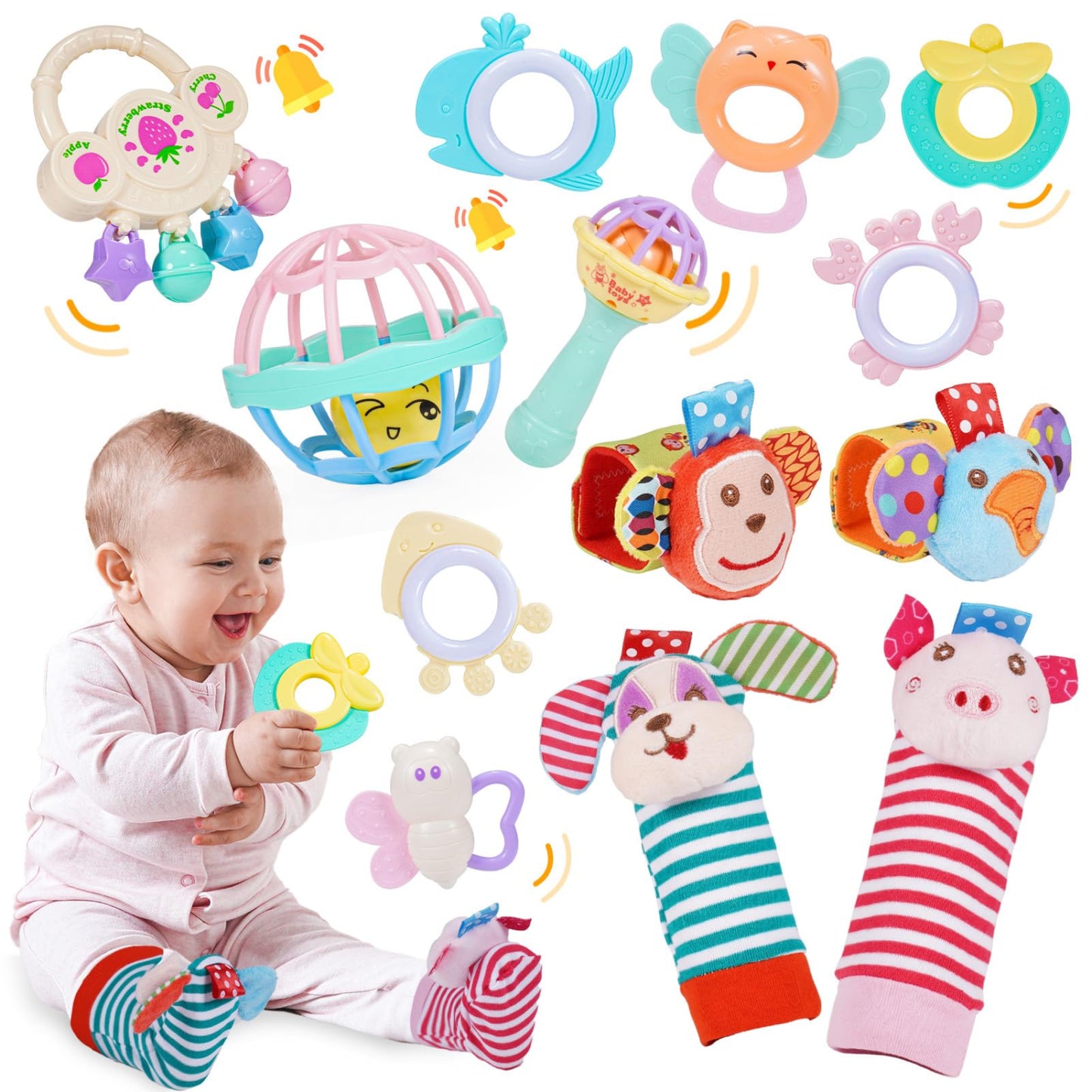Wootoyz Baby Spielzeug 0-12 Monate, 14 Pcs Rasseln Beißring Set Babies Spielzeug ab 0 3 6 9 Monate Baby Geschenk Junge Mädchen Montessori Spielzeug ab 0-12 Monate Neugeborenen Geschenk Geburt