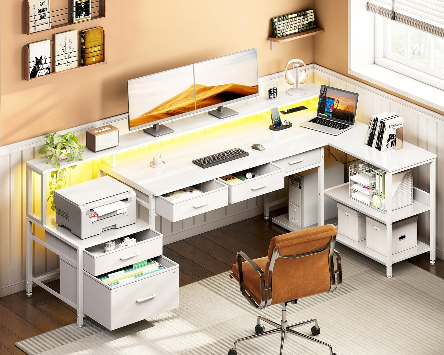 Coleshome L Shape Desk with Drawers, 195 x 100 cm Gaming Table with Socket, LED & Monitor Stand, Reversible Corner Desk with Storage Space, Computer Desk with Shelf for Office, Black