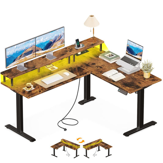 OffiGo Height Adjustable Desk, 150 x 120 cm, Corner Desk, Height Adjustable with Monitor Holder, Electric Desk, L Shape with Sockets, Computer Desk with LED Light Strip for Office, White