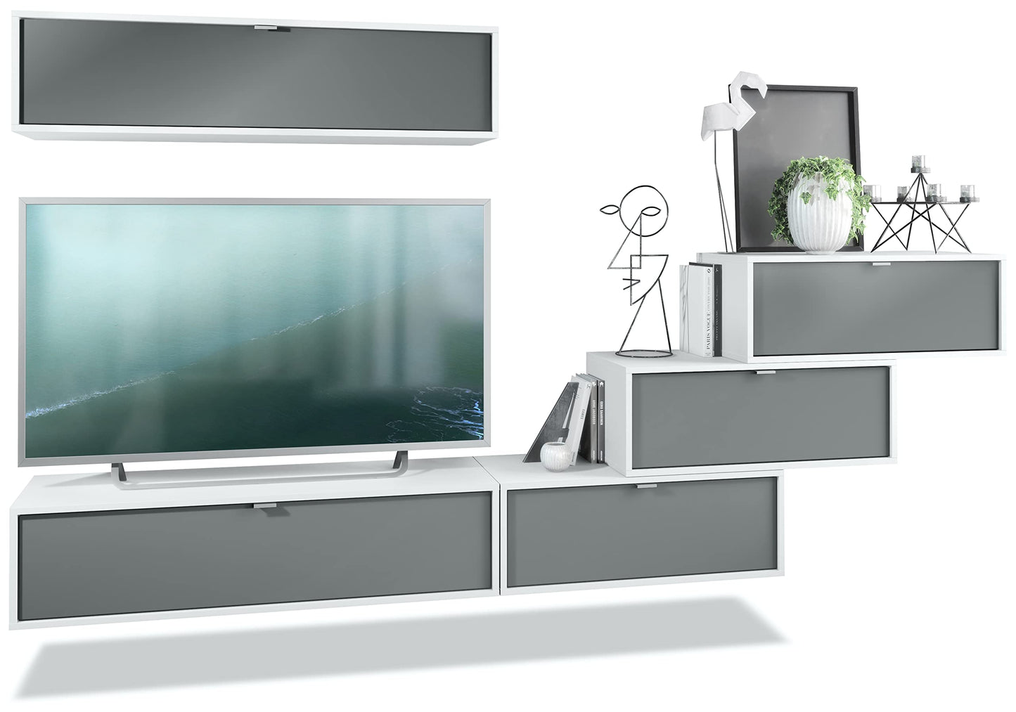 Vladon Lana V1 Wall Unit Made of 5 Hanging Elements with 12 Compartments, Made in Germany, Body in Matte White, Fronts in Bordeaux High Gloss, Large Choice of Colours