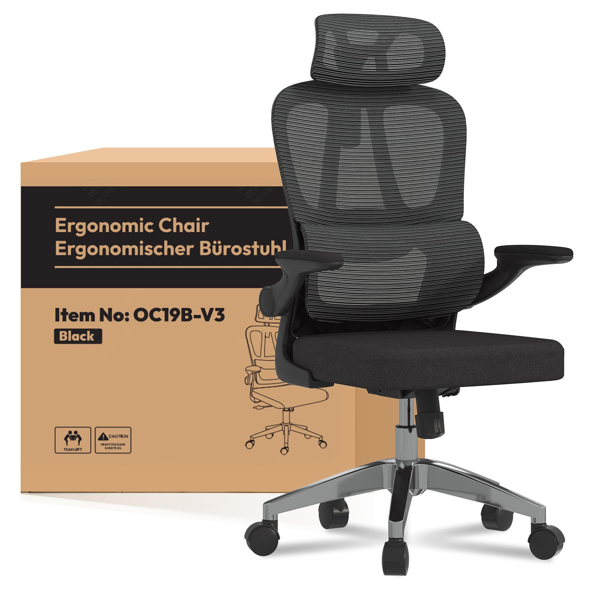 FLEXISPOT OC3C Office Chair Ergonomic Desk Chair Computer Chair Height-Adjustable Seat Headrest Armrest Lumbar Support Swivel Castors Work Chair