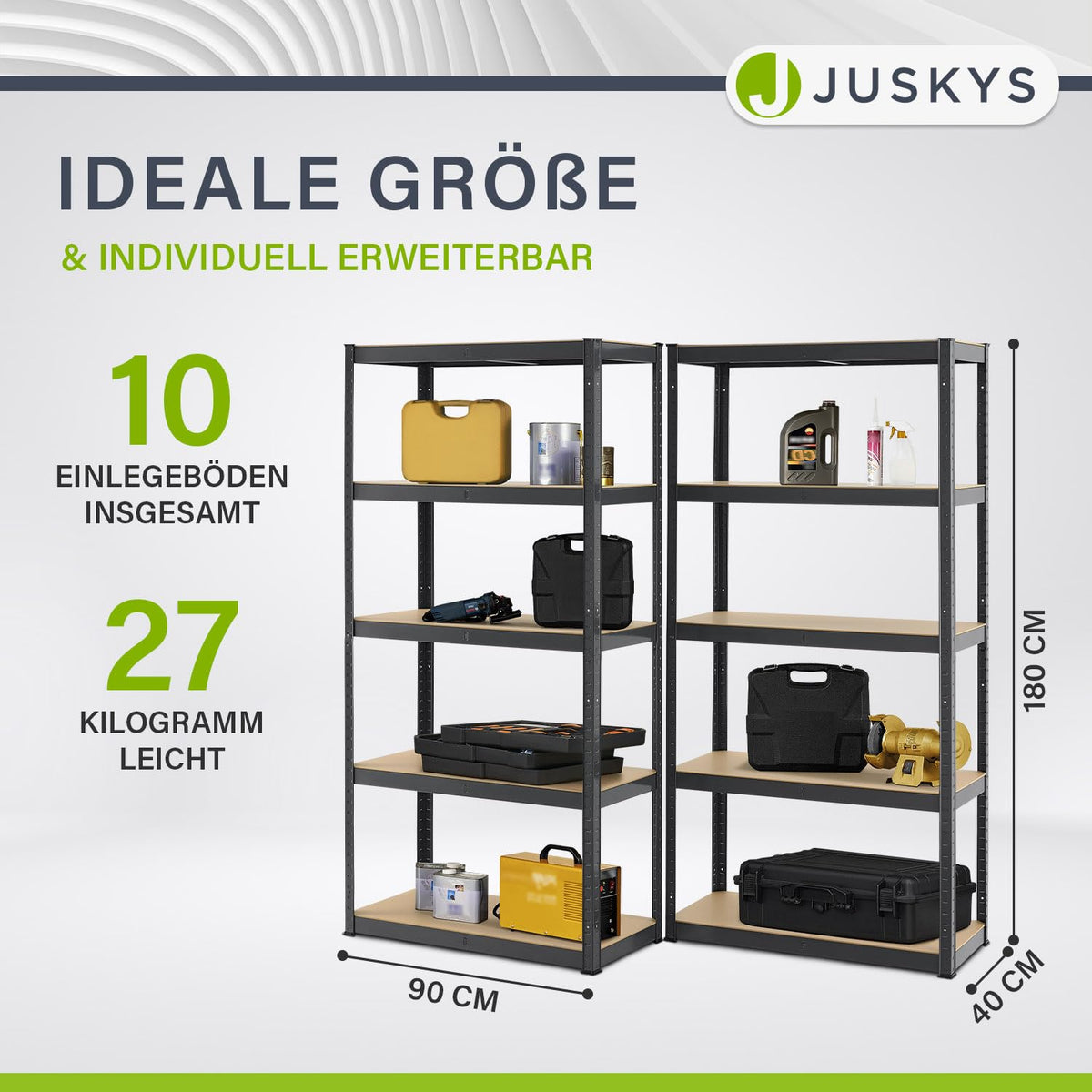 Juskys Set of 2 Basic Storage Shelves, 2 x 180 x 90 x 40 cm (H x W x D) - 1750 kg - 10 Shelves - Heavy Duty Shelving Unit Metal Cellar Shelving System Shelf - Grey