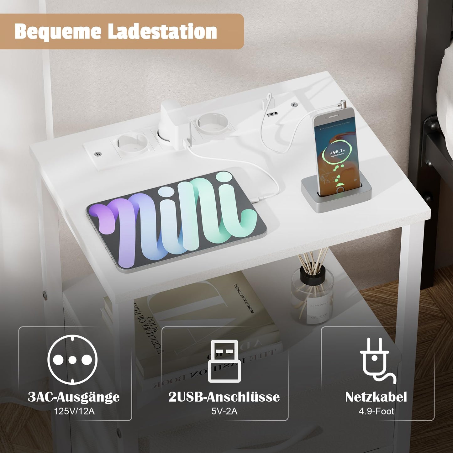 Bedside Table with LED & Charging Function, Side Table with Drawer, Bedside Tables with 3 AC Ports & 2 USB Ports, Side Tables for Living Room, Bedroom, White