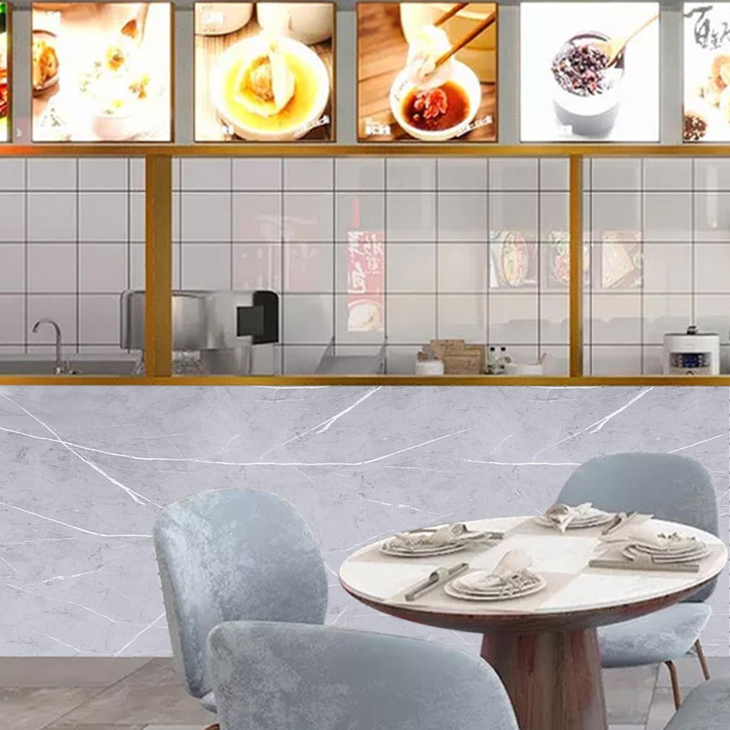 Kitchen Stove Back Wall Tiles, Kitchen Splashback in Marble Look, 60 cm x 3 m Rolls, Splash Guard, Kitchen, PVC Adhesive Tiles, Wall Tiles, Self-Adhesive, Kitchen Back Wall Plate