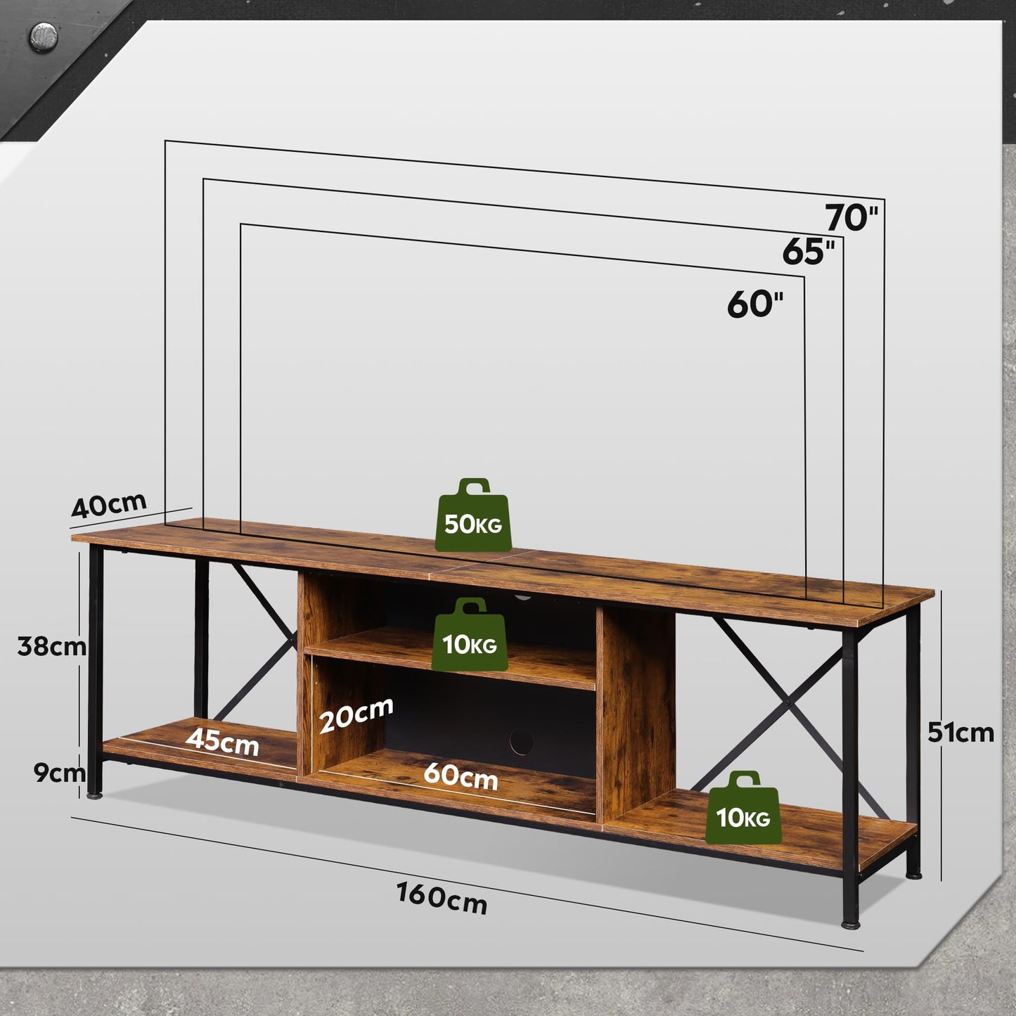 WLIVE TV Schrank, TV Lowboard für Fernseher bis zu 65 Zoll, TV Board Fernsehschrank mit Offenen Stauraum, 140 x 40 x 49 cm, Fernsehtisch für Wohnzimmer und Schlafzimmer, Vintagebraun-Schwarz