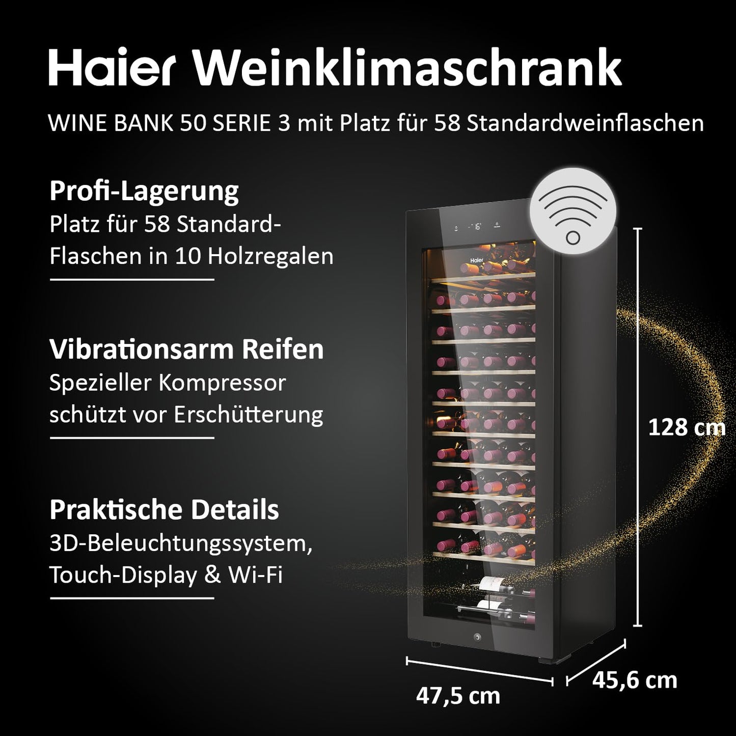 Haier Wine Fridge 50 Series 3 HWS34GGH1 I Wine Climate Cabinet for 34 Bottles I Modern Wine Fridge with UV Glass Door & 5 Wooden Shelves I Wine Cooler with Wi-Fi & Touch Display I Low Vibration