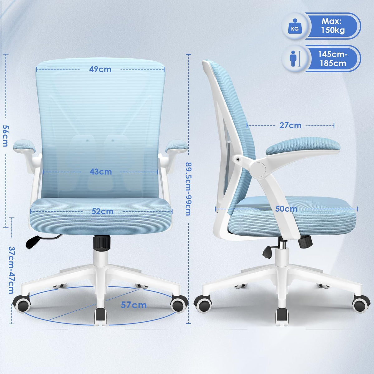 Hinonde Office Chair, Desk Chair with Folding Armrests and Rocker Function, 360° Swivel Chair, Height-Adjustable Office Chair, Ergonomic Home Office Chair with Breathable Mesh, Up to 150 kg