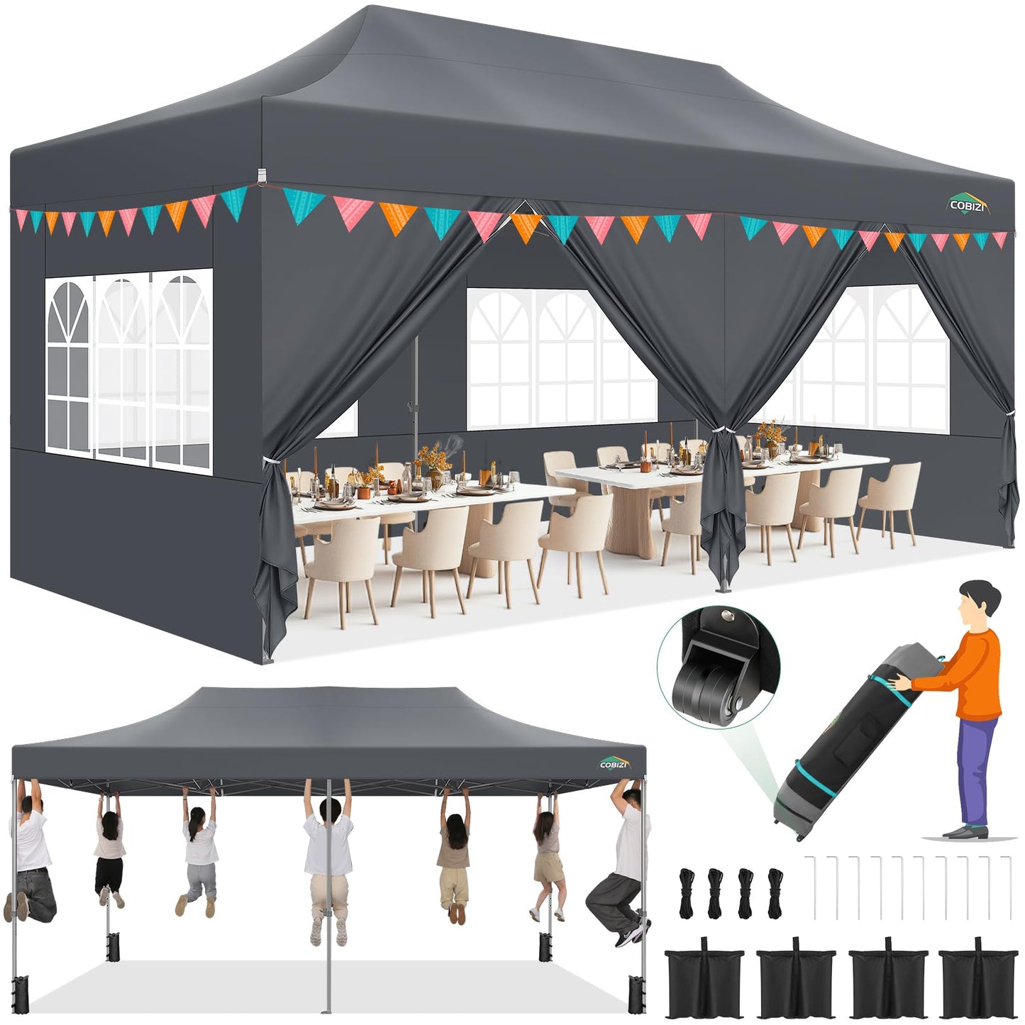 COBIZI Pavillon Faltpavillon 3x3 wasserdicht stabil Winterfest,Outdoor faltbar partyzelt，gartenpavillon mit 4 Seitenteilen und 4 Sandsack und Laufradtasche, Schwarz