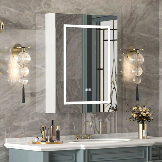 Bathroom Mirror Cabinet with Lighting, Hanging Bathroom Cabinet with Mirror and Anti-Fog Function, Bathroom Cabinet with 3 Shelves for Bathroom Modern, 60 x 13 x 76 cm