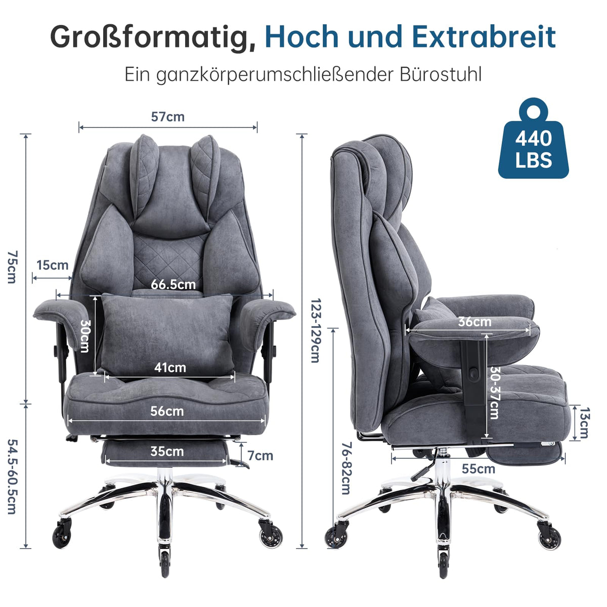Ergonomic Office Chair 200 kg, Executive Chair with Footrest, Desk Chair with Lumbar Cushion, Comfortable XXL Wide Seat, Thickened Padded, Height Adjustable, Imitation Suede