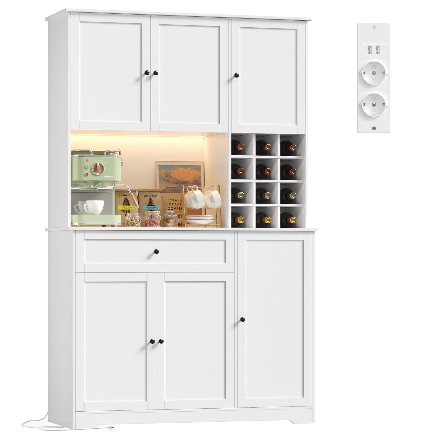 FirFurd Kitchen Cabinet 180 cm Buffet Cabinet with LED Sideboard for Kitchen with Power Strip Kitchen Cabinet with Worktop and Wine Rack for 12 Bottles Kitchen Buffet Kitchen Furniture 180 x 100 x 39