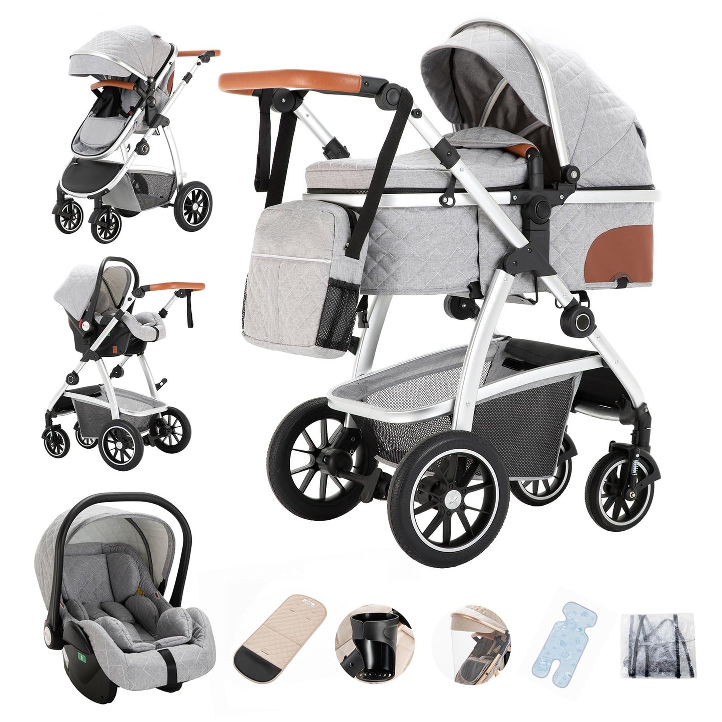Gcarebb PU Leather 3-in-1 Pram, Buggy with Car Baby Seat, Foldable Portable Pushchair Complete Set, Combination Pushchair with Aluminium Frame for Newborns 0-4 Years