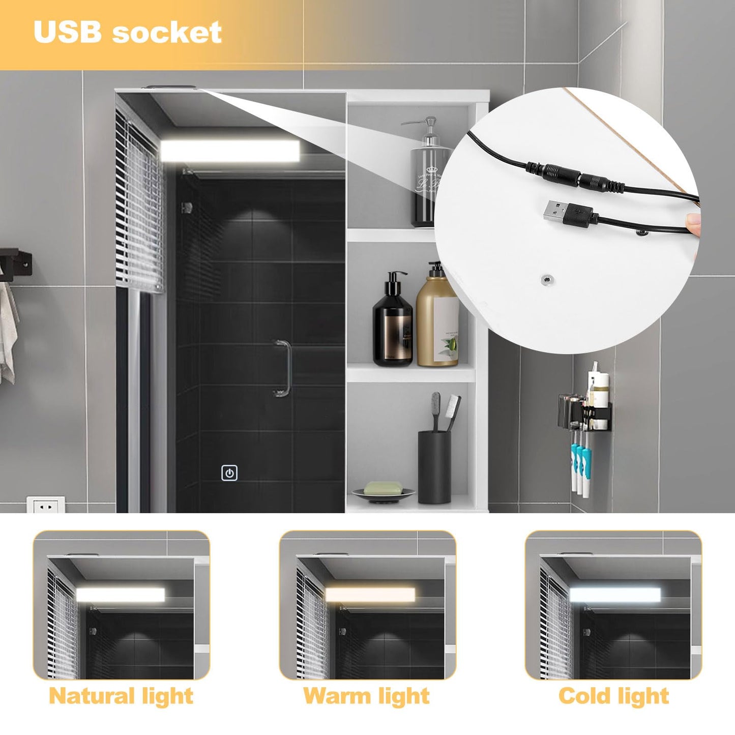 TUKAILAI Mirror Cabinet with LED Lighting, 6 Open Shelves and Adjustable Shelves, Bathroom Mirror with Touch Switch, Bathroom Mirror, Light Mirror, Wall Mirror, Bathroom Cabinet for Bathroom