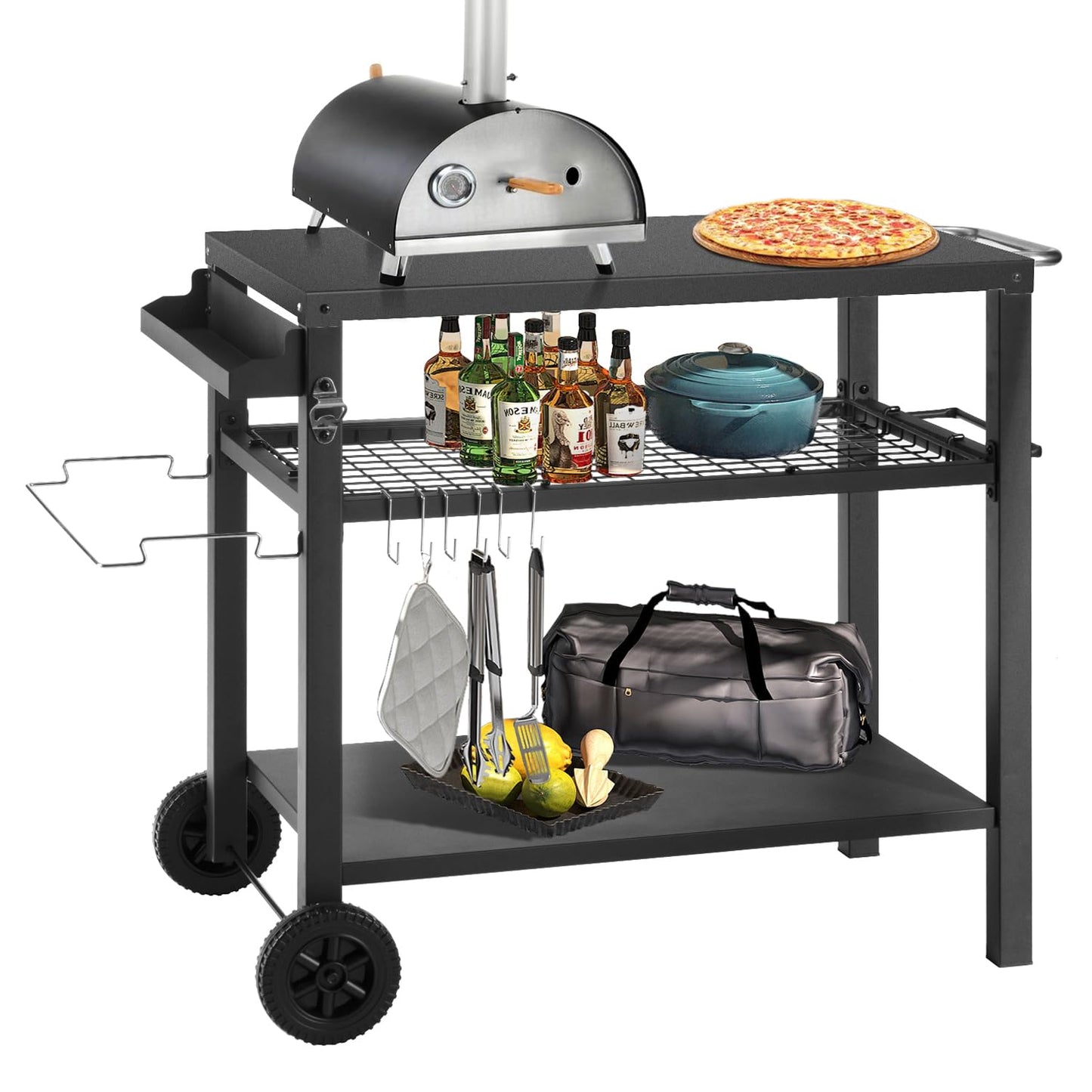 Barbecue Table with Large Work Surface | Grill Side Table, Outdoor Grill Trolley, Grill Table Outdoor, Stainless Steel Table Top, Outdoor Garden Trolley
