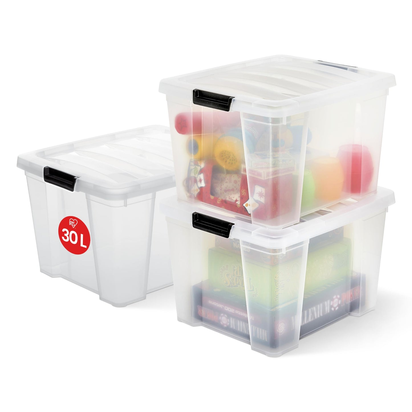Iris Ohyama Storage Box with Lid, 80L, Set of 4, Transparent, Snap Latches with Handles, Stackable, Strong & Durable, for Clothes, Garage, Home, Office, Plastic Box, Storage TB-84D