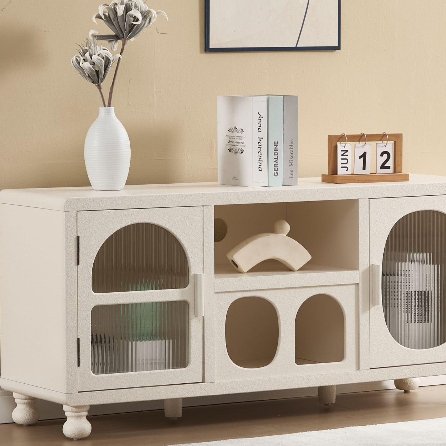 Ya-Home Lowboard with 2 Glass Doors Storage Cabinet with Compartments Sideboard with Solid Wood Legs for Living Room Black