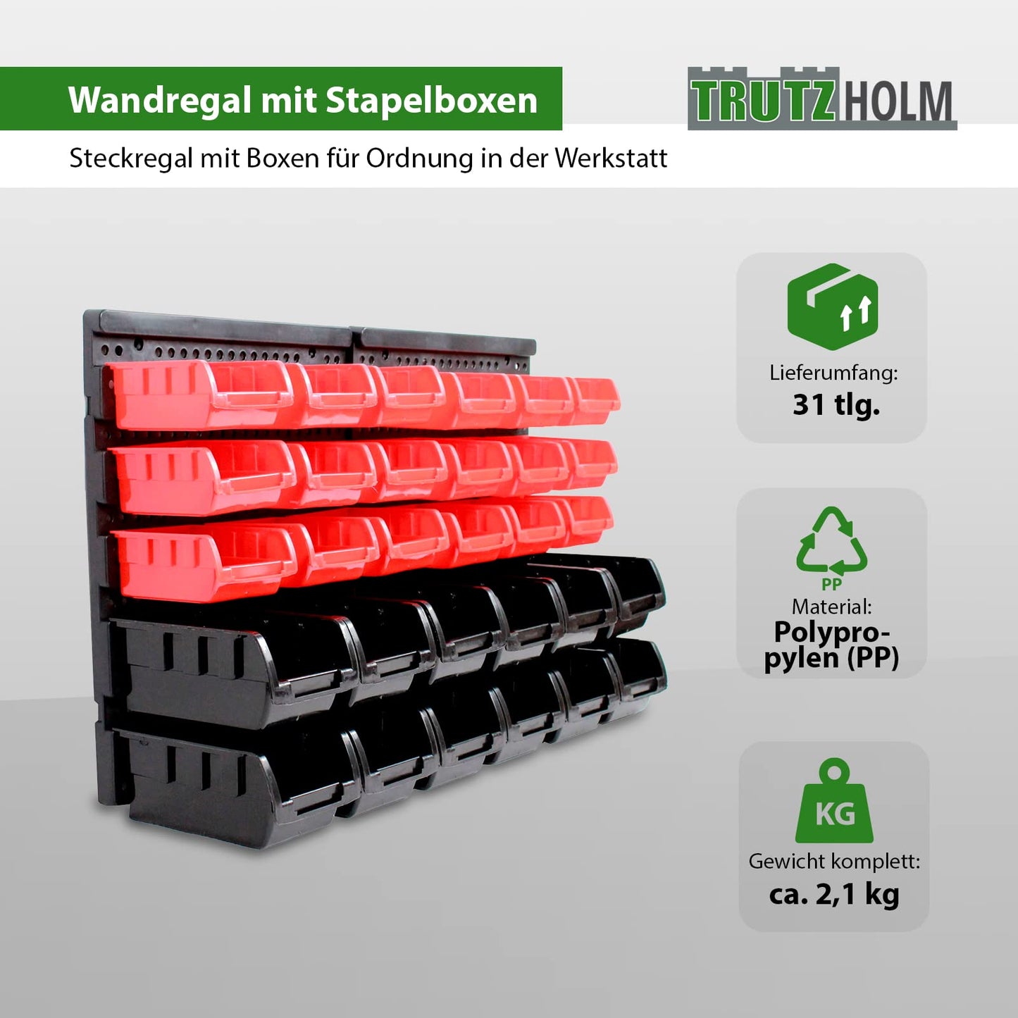 TRUTZHOLM Stacking Boxes with Wall Shelf, 32 Pieces, Small Parts Magazine, Storage Shelf, Assortment Box, Boltless Shelf, Sorting Boxes, Pours with Label Compartment (Red)