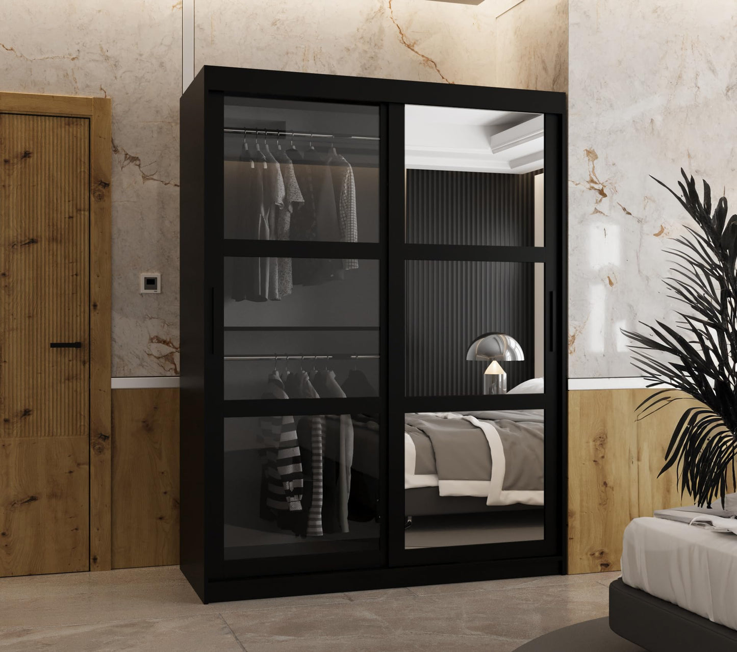 MEBLE KRYSPOL Dome 2 Schrank mit DREI Schiebetüren mit Spiegel, Stangen und Regalen - Aufbewahrungsschrank mit Rauchglas für Schlafzimmer, Wohnzimmer - 200x250x62cm - Schwarz, Schwarz, Schwarz