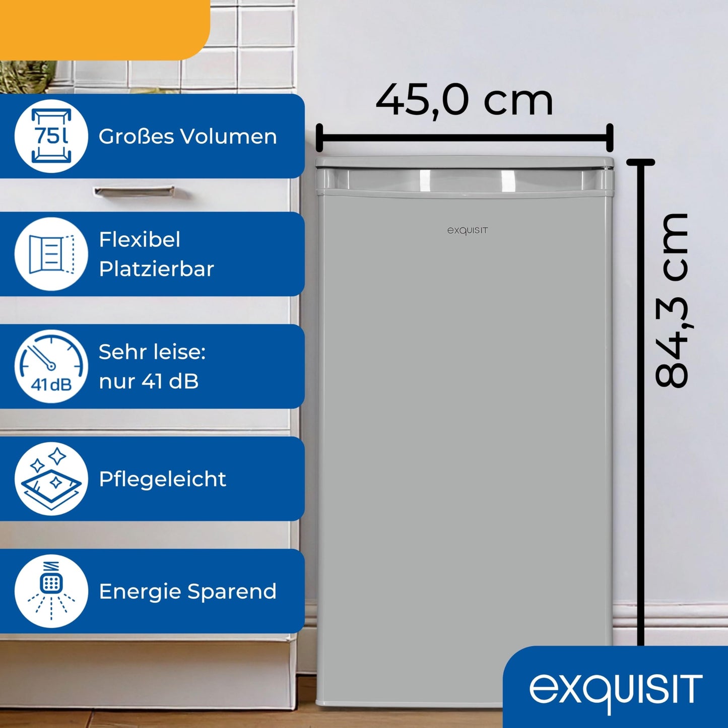 Exquisit KS585-V-091E Full-Room Refrigerator, 75 Litres, Freestanding, Small and Compact, 45 cm Wide, LED Interior Lighting