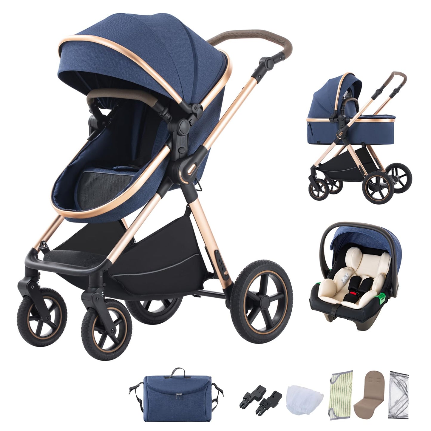 BEBBY 3-in-1 Pushchair Combination Pram Set 2-in-1 Buggy Foldable Luxury High Landscape Newborn Portable Foldable Pushchair Travel System (Black Gold, H2)