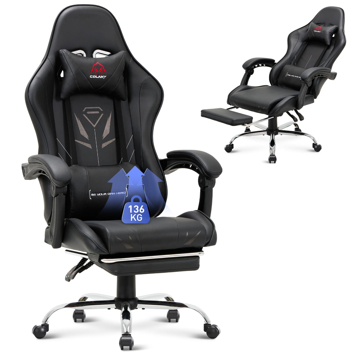 COLAMY Gaming Chair, Computer Chair with Footrest and Lumbar Support, Height-Adjustable Gaming Chair with 360° Swivel Seat and Headrest, Video Gamer PC Chair, Ergonomic High Backrest, Red
