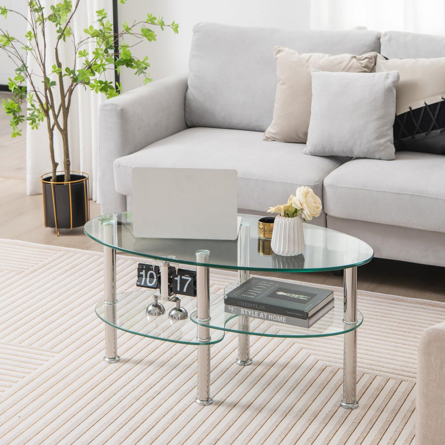 COSTWAY Glass Coffee Table, Glass Table, Oval, Living Room Table with 2 Shelves, Sofa Table, Coffee Table, Side Table for Living Room, 89 x 50 x 45 cm