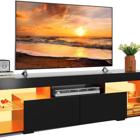 WLIVE 160 cm LED TV Cabinet, TV Cabinet, White TV Stand with LED for 50 55 60 65 70 Inch TV, 20 Colours RGB TV Cabinet for Living Room, Bedroom, Modern Wooden TV Bench with 2 Drawers