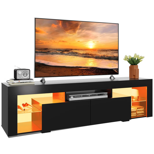 WLIVE TV Cabinet with LED, Lowboard for TVs up to 70 Inches, TV Stand for Living Room, with Open Storage Space and 2 Drawers, Black