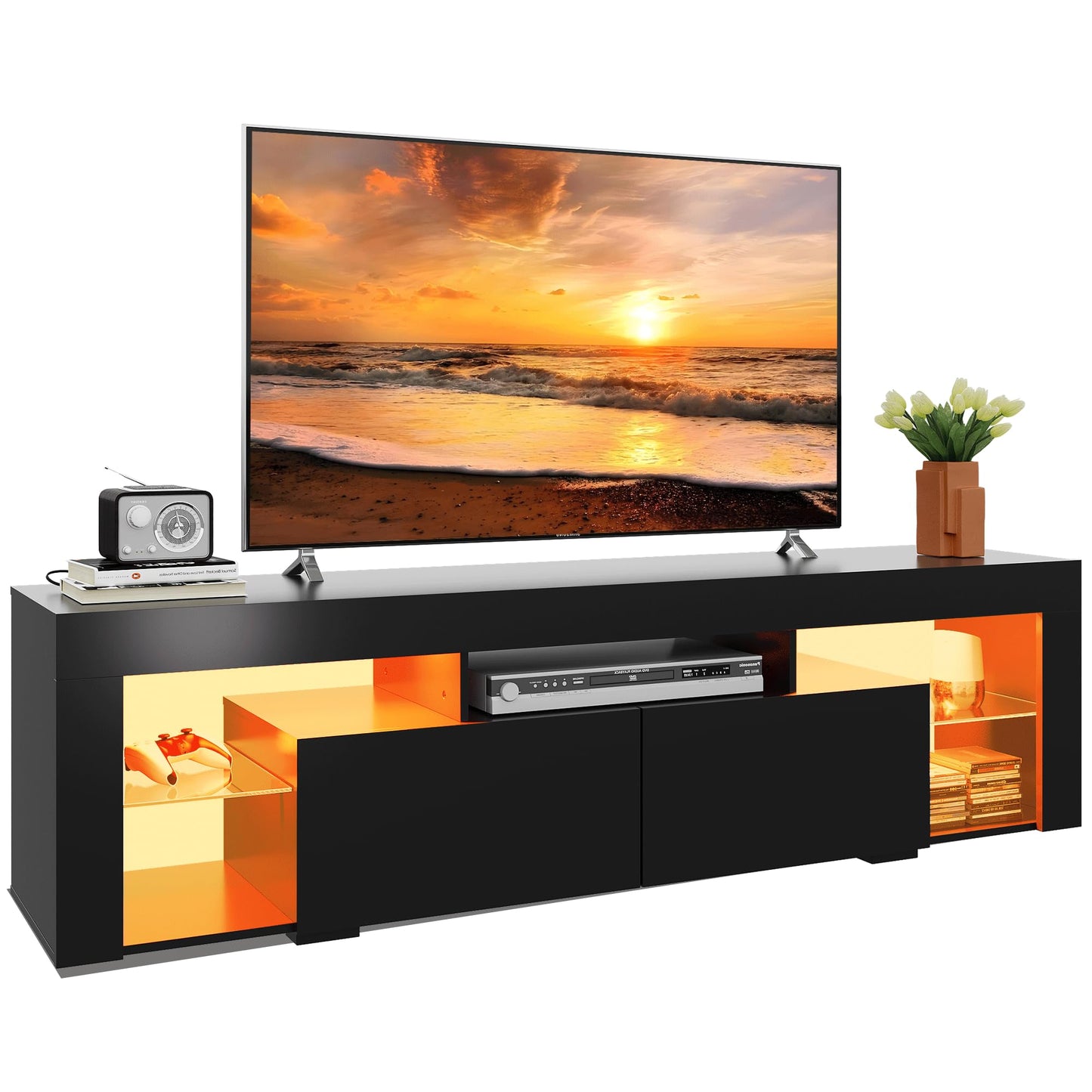 WLIVE TV Cabinet with LED, Lowboard Black for TVs up to 60 Inches, TV Stand for Living Room, 20 Colours LED Lighting, TV Cabinet with Open Storage Space and Drawers, Black