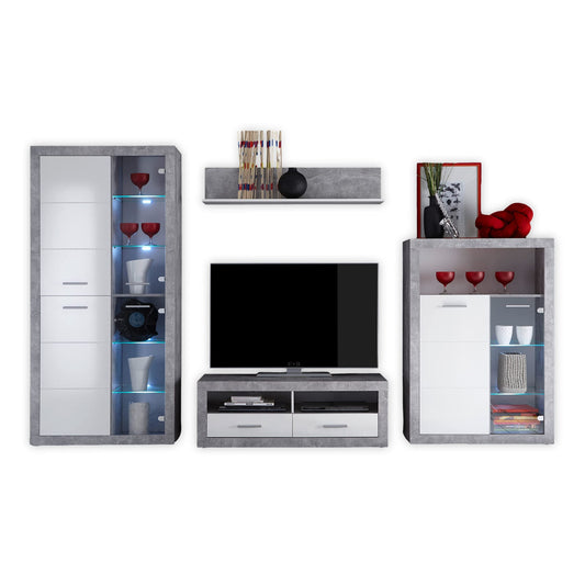 STONE Wohnwand Komplett-Set in Beton Optik, Weiß - Moderne Schrankwand für Ihr Wohnzimmer - 304 x 194 x 48 cm (B/H/T)