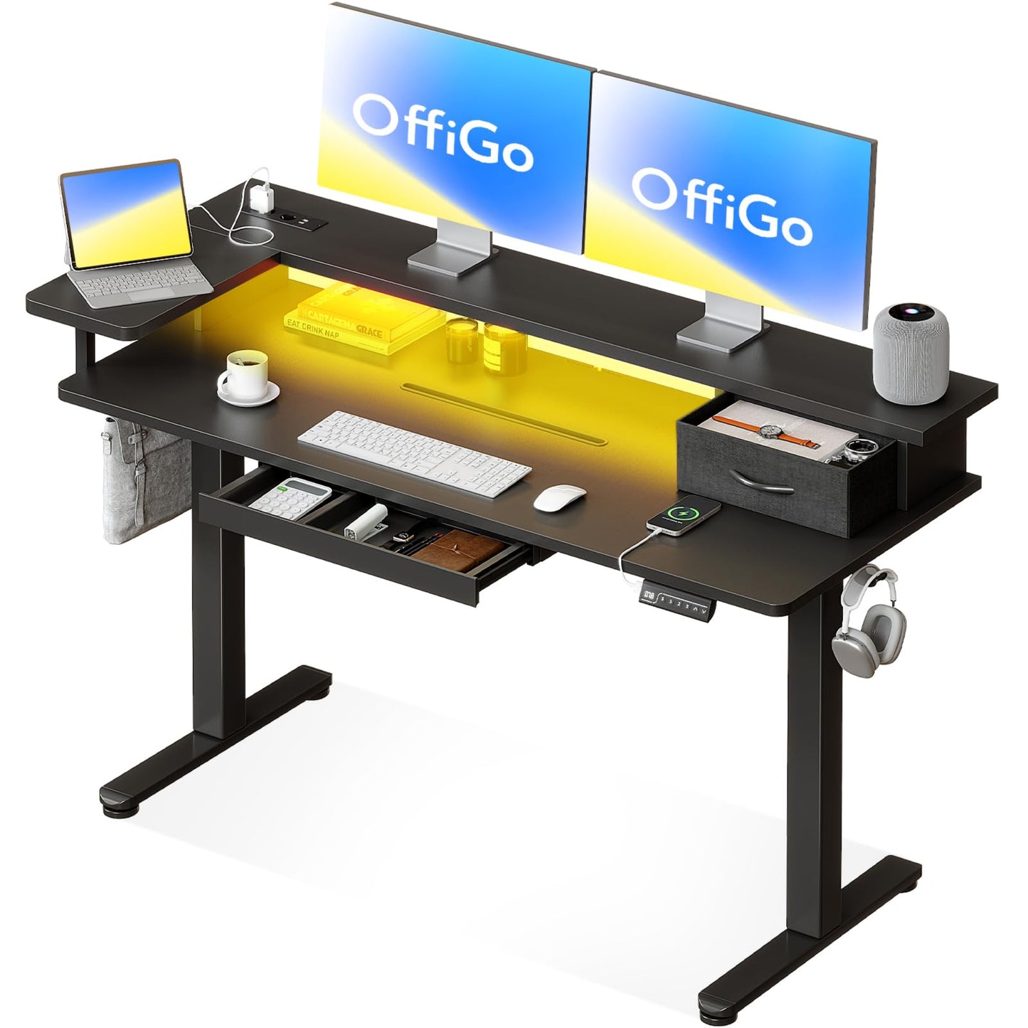 OffiGo Height Adjustable Electric Desk with Drawer and USB, 120 x 60 cm Complete Plate, Ergonomic Standing Seat Table, Computer Desk, Maple