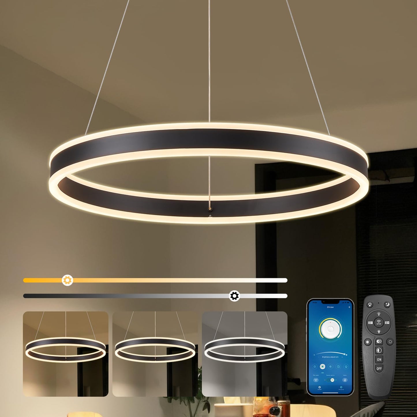 SUCIKORIO LED Pendelleuchte Esstisch, Modern LED Rund Hängelampe Esstisch Dimmbar Hoehenverstellbar 88W Aluminium Esstischlampe Hängend Mit Fernbedienung 2700K-6500K 5%-100% Helligkeit 30+40+50cm