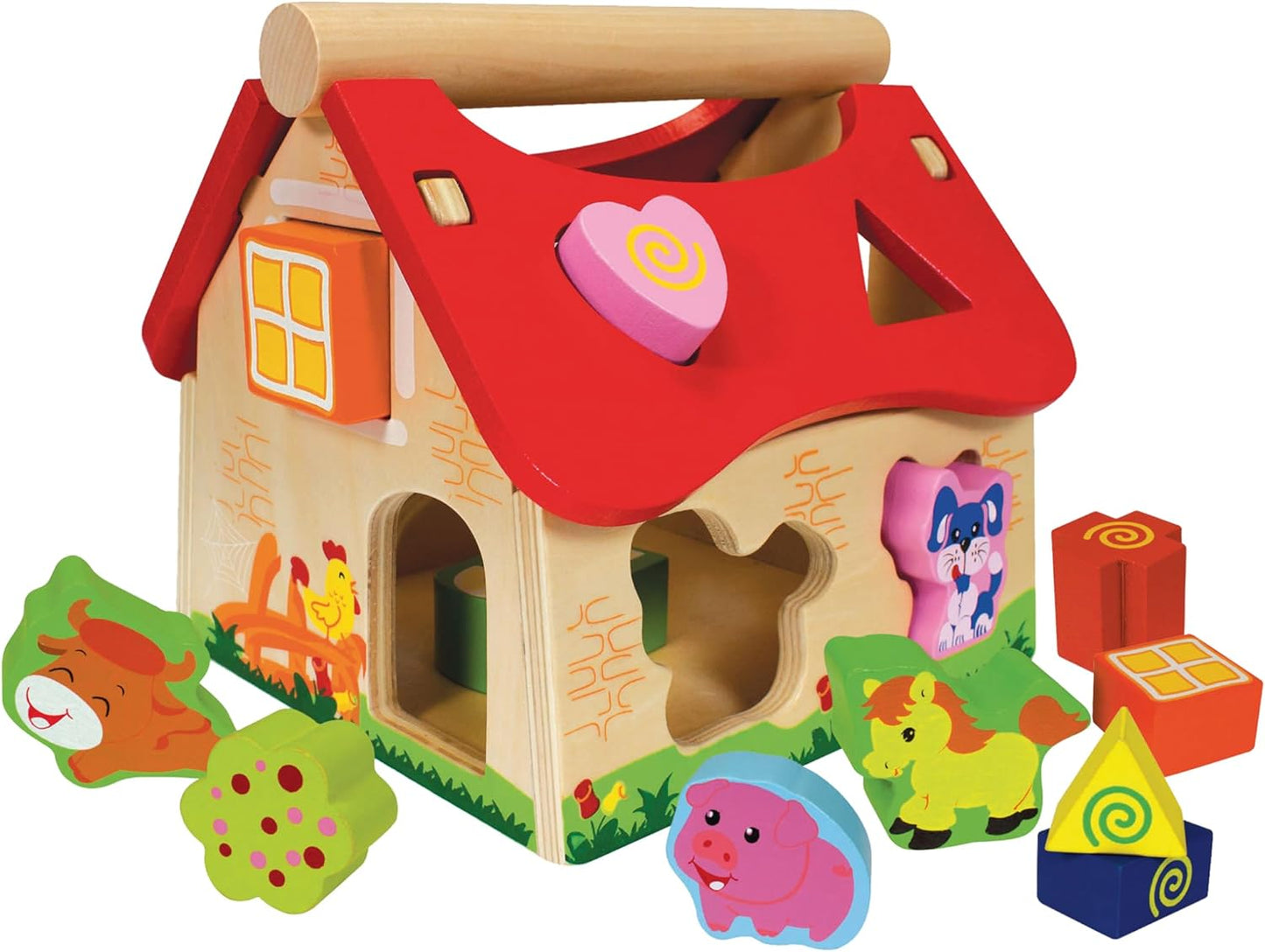 Eichhorn Wooden Pine House 15 Piece House with 12 Push-through Shape Blocks, Motor Skills Toy for Children 1 Year and Above Size: 18 x 17.5 x 18 cm.