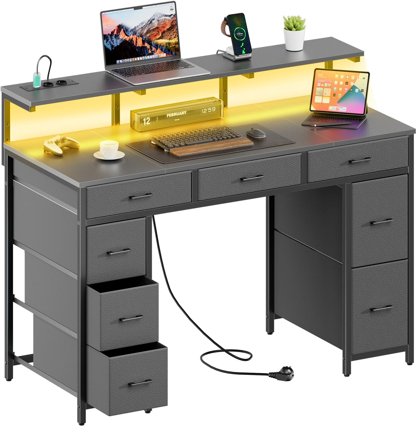 Schreibtisch mit 8 Schubladen, Computertisch mit 2 Steckdosen und 2 USB Ladeanschluss, Bürotisch mit LED und Monitorständer, PC Tisch für Büro, Wohnzimmer, 120 x 50 x 74 cm, Weiß