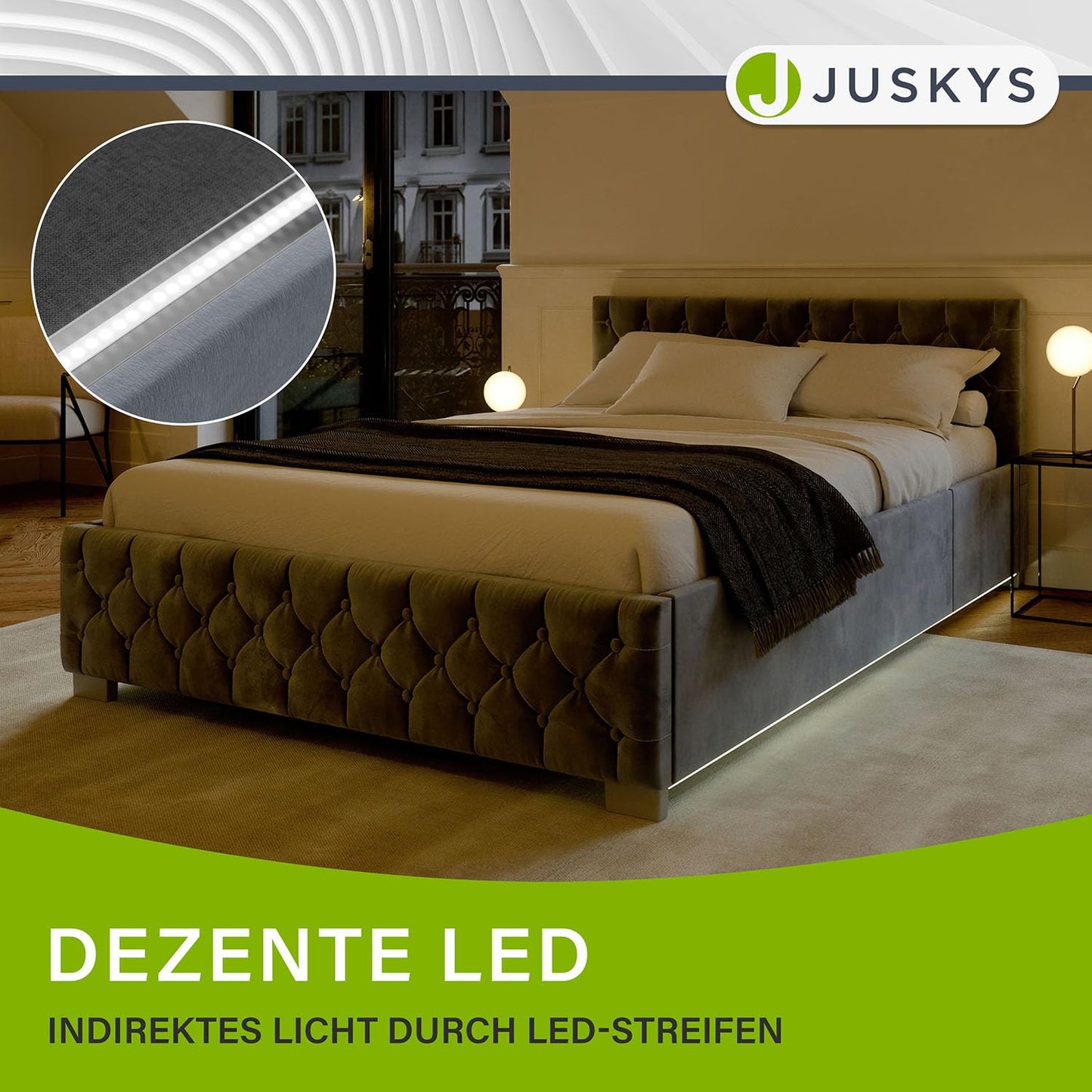 Juskys Nice Upholstered Bed 180 x 200 cm Velvet with Storage Space, LED Lighting & Slatted Frame - Chesterfield Quilting & Headboard - Bed Frame - Grey