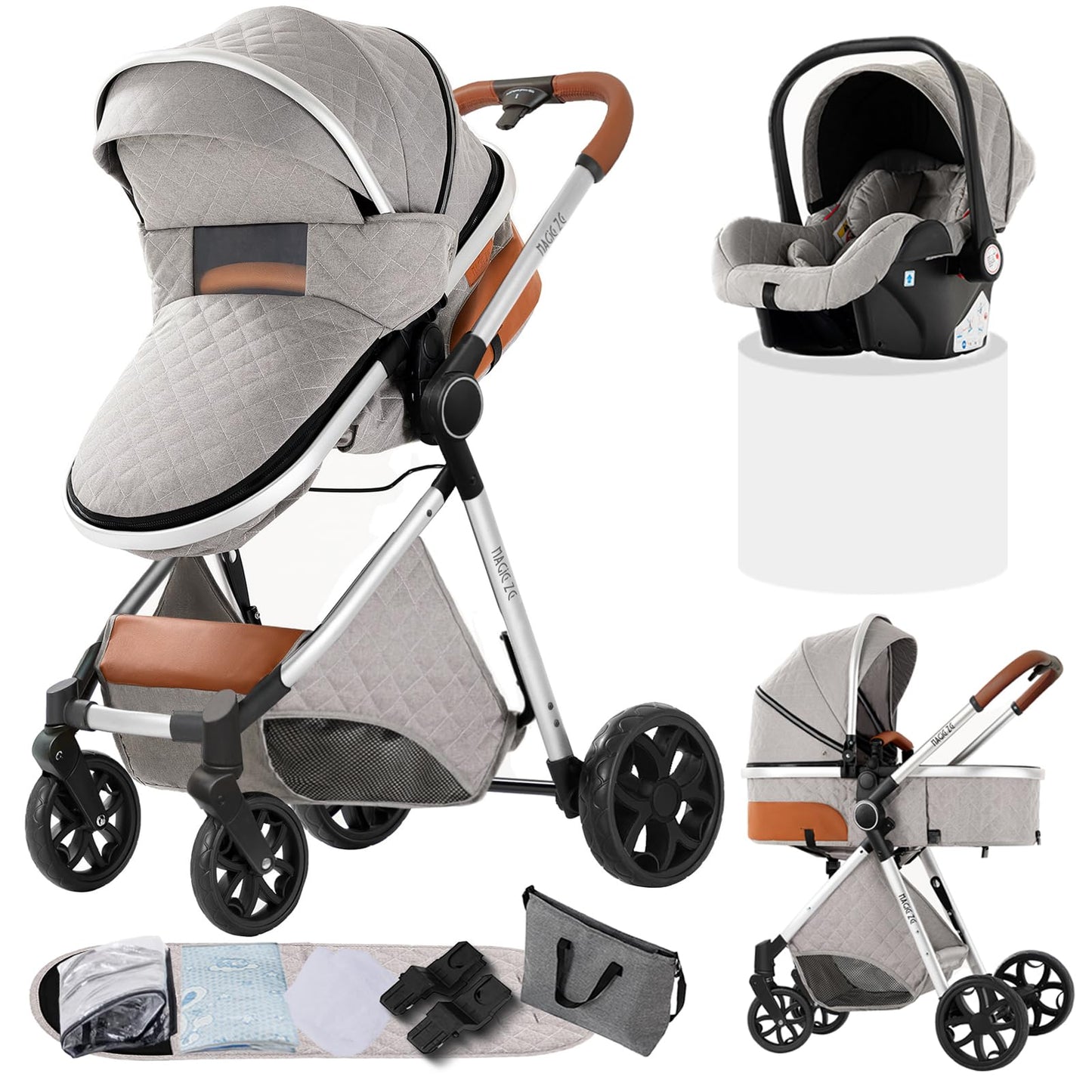 Doraystar 360° Rotation PU Leather Pushchair 3-in-1 Combination Pushchair 3-in-1 with Two Reversible Sliding Modes, Pushchair Complete Set with One-Click Folding Design, Aluminium Alloy Frame (906