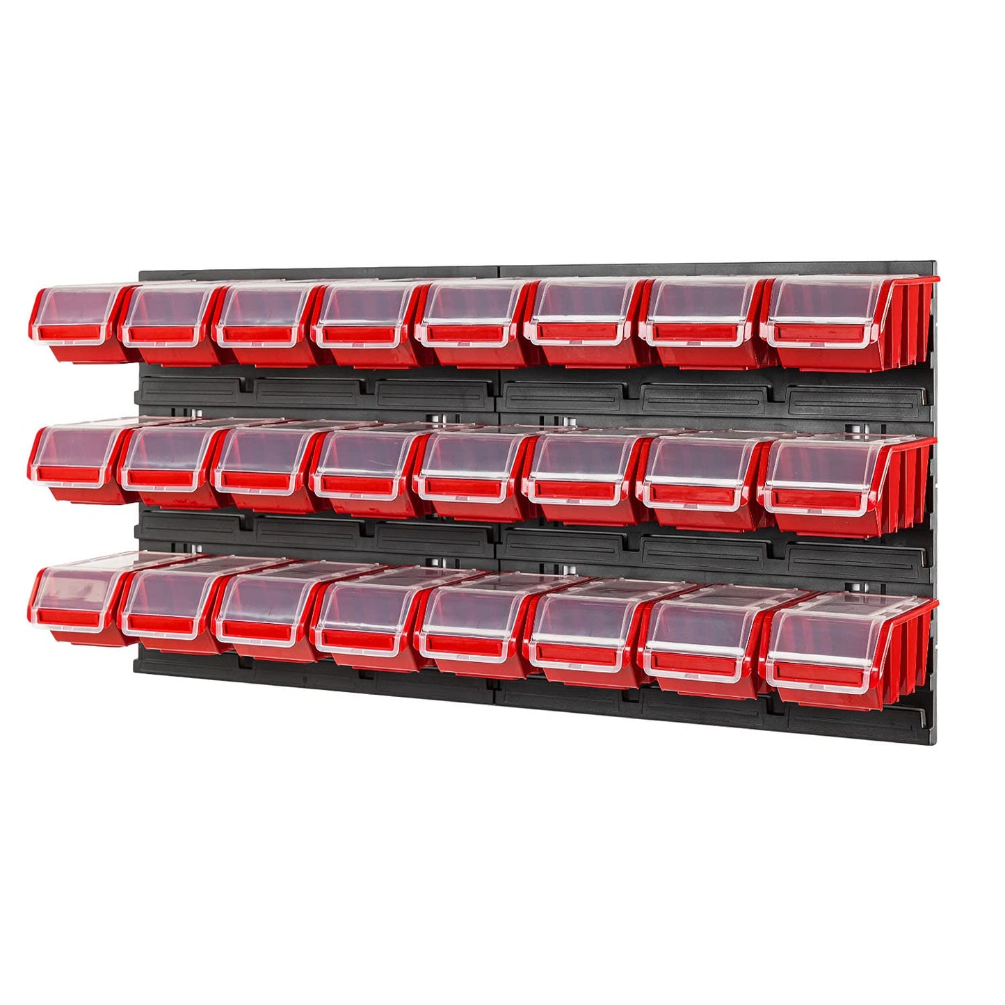 PAFEN Storage System, Stacking Boxes with Lid, Wall Shelf, 772 x 390 cm, Pack of 24 Boxes, Tool Wall, Workshop Shelf, Chute Rack, Black/Red